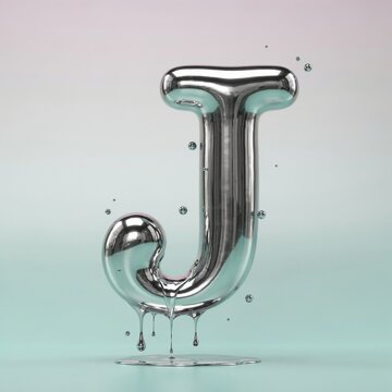Liquid silver letter j with a metallic chrome finish and dripping fluid effect on a soft background