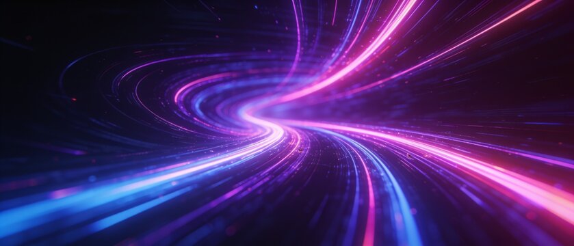 Vibrant cosmic tunnel with futuristic light trails and swirling galaxies
