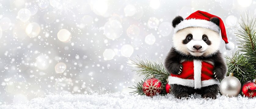 Cute panda wearing a Santa hat and festive outfit stands surrounded by Christmas decorations on a snowy background