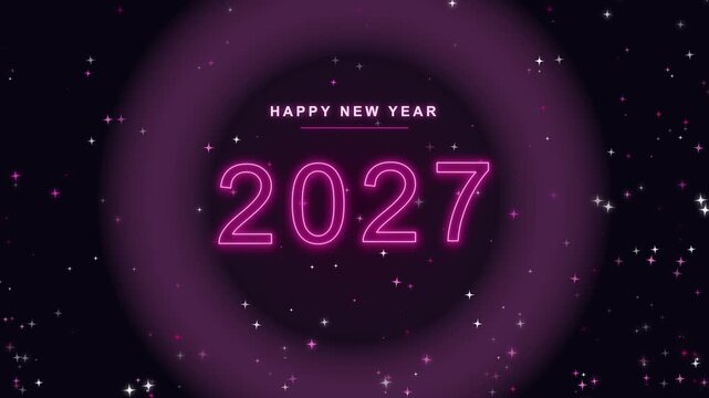 Celebratory New Year 2027 Neon Sign with Sparkling Cosmic Effects and Circular Frames