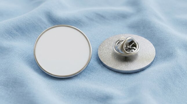 Blank white round metal pin button badge on a soft blue fabric background