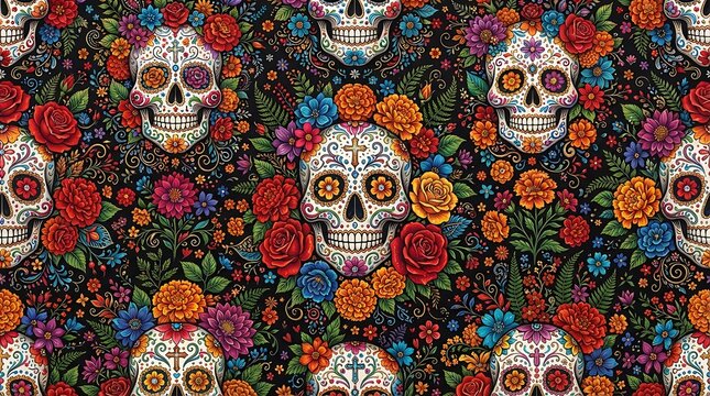 Seamless pattern with decorated sugar skulls and blooming roses