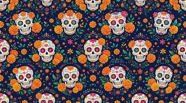 Seamless repeating pattern of sugar skulls and orange marigold flowers