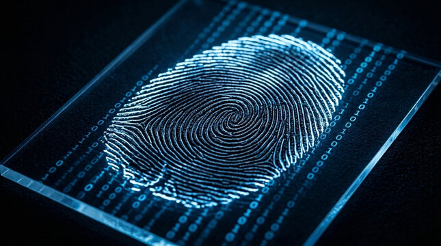 Digital Fingerprint Identity Scan on Transparent Surface with Binary Code Security and Technology Concept