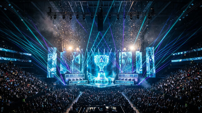 Grand esports championship trophy glows on stage with laser lights and confetti over cheering crowd, a celebration of digital competition and gaming