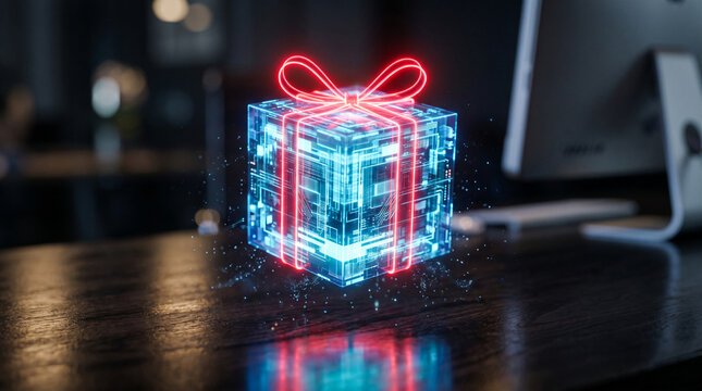 Glowing digital gift box with circuitry patterns and red ribbon on desk, representing tech innovation and future business opportunities