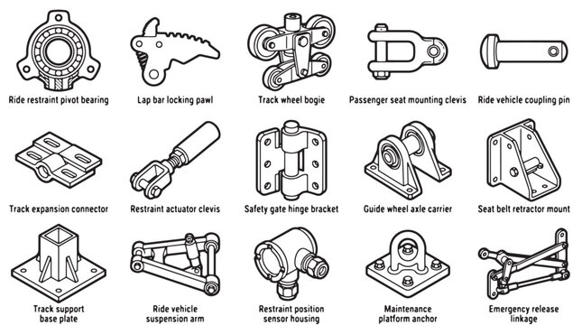 Industrial mechanical components set, 15 technical engineering parts vector, amusement ride hardware and safety mechanism icons