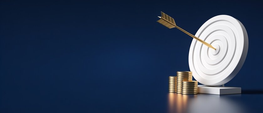 Modern bullseye target with gold coins and arrow symbolizing success and precision