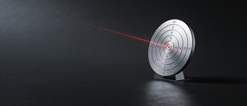 Futuristic laser beam reflecting off high-tech circular satellite dish in dark studio