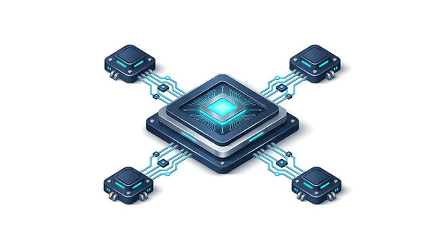 Central computer processor chip connected to four smaller modules on white background with integrated circuit three dimensional microchip semiconductor motherboard hardware