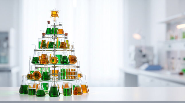 Christmas tree crafted from laboratory glassware filled with colorful liquids symbolizes scientific innovation during the holidays