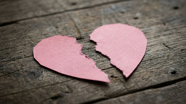 Close up viewfractured pink paper heart symbol placed on rustic textured wooden surface showing emotional distress broken heart paper heart emotional sorrow heartbreak concept relationship loss