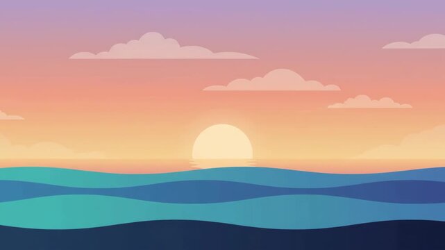 A soft sun sets over layered teal ocean waves under a warm peach gradient sky, showing a calm and gentle minimal flat vector seascape animation.