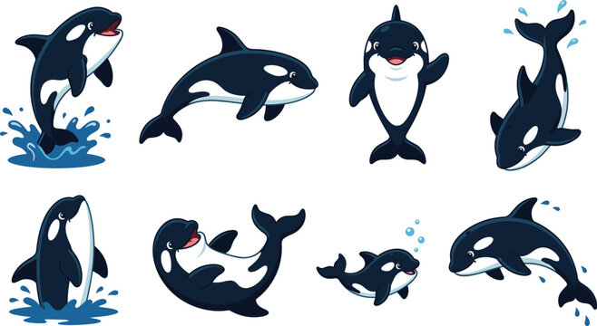 1. Cute cartoon orca whale vector illustration set featuring killer whales marine life isolated on white background