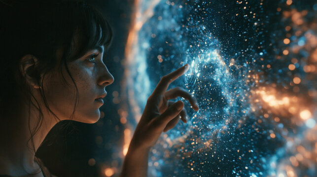 Woman Touching Glowing Futuristic Cosmic Digital Screen