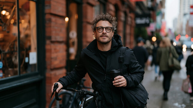 Urban Commuter with Bicycle and Coffee on City Street