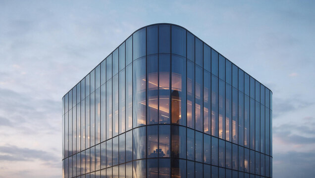 Modern Glass Office Building Exterior at Twilight
