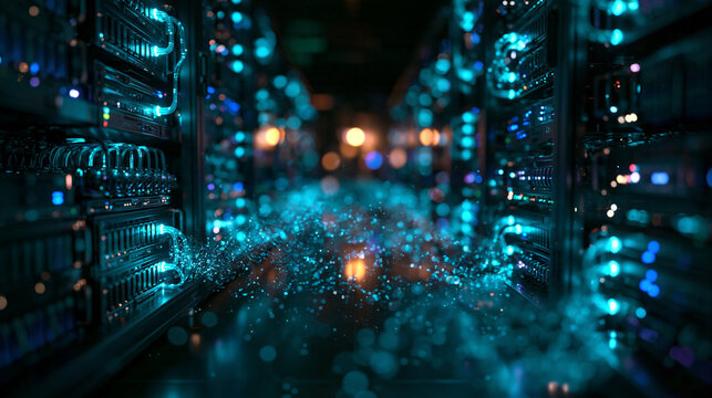 Data Center Server Room with Glowing Digital Network Lights