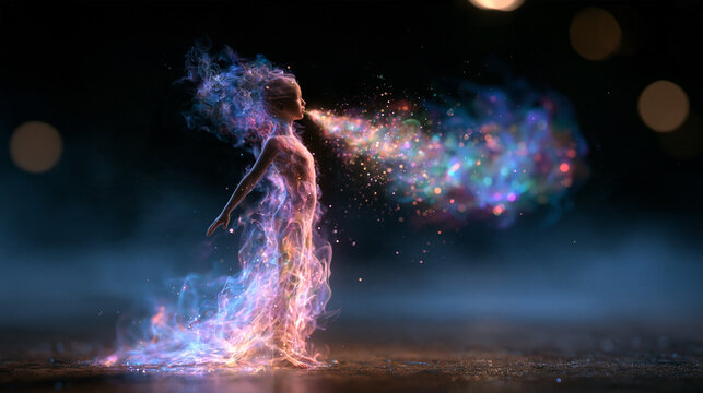 Magical Ethereal Child Figure Exhaling Glowing Cosmic Dust