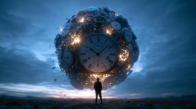 Giant Floating Clock Sphere Over Landscape at Dusk