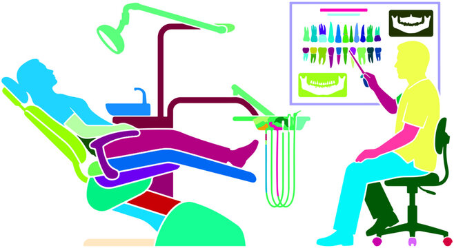 Colorful vector illustration of patient relaxing in dental chair during consultation while doctor explains teeth anatomy chart and panoramic xray in modern dentistry clinic