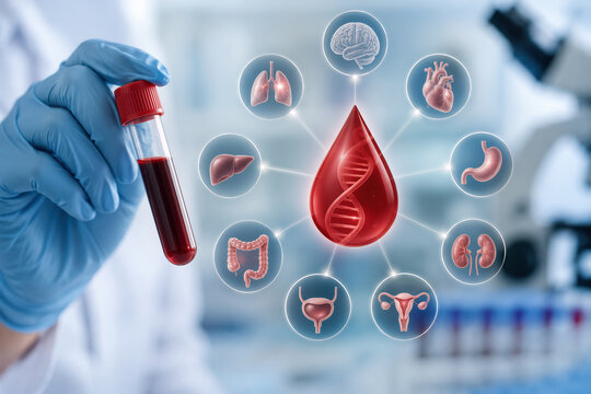 Multi-cancer blood test detects tumor DNA signals from single blood sample, blood drop connected to multiple organ icons, liquid biopsy concept cancer screening illustration