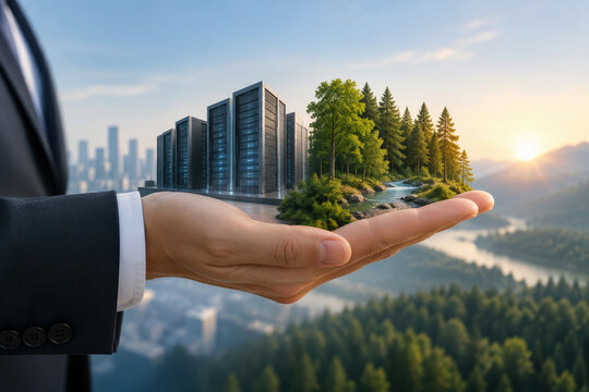 Business hand holding miniature data center servers and lush forest island with stream symbolizing green IT sustainability strategy corporate environmental responsibility and energy tradeoffs