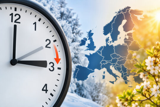 Clock advancing to illustrate Europe daylight saving time transition concept with winter to spring seasonal contrast, spring-forward schedule change, travel planning and energy shift