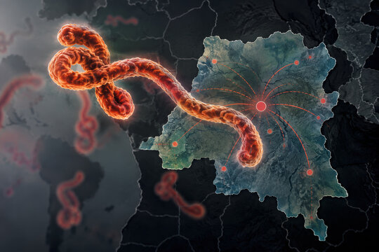 Ebola outbreak concept with virus particle looming over Democratic Republic of the Congo map showing transmission routes and public health risk visualization