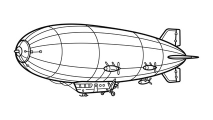 Airship Illustration: A detailed illustration of a rigid airship, also known as a zeppelin, with propellers and a gondola suspended beneath its elongated body. © mahmuda428