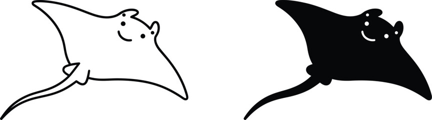 Stingray silhouette and line art illustrations for marine design with ray fish life sea creature © Sujon