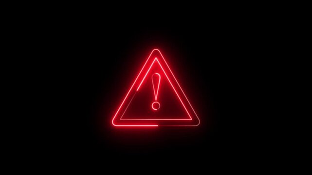 Animation of glowing neon Warning attention icon signal , alert , risk , safety, danger road warning sign animated . neon isolated on black background