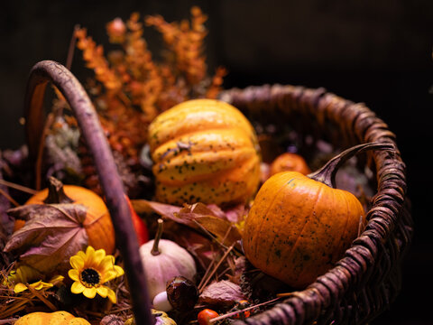 Autumn pumpkins and dry leaves inside rustic wicker basket