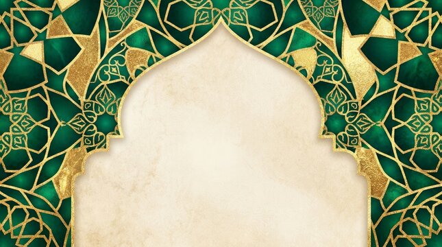 Islamic geometric pattern with green and gold intricate design