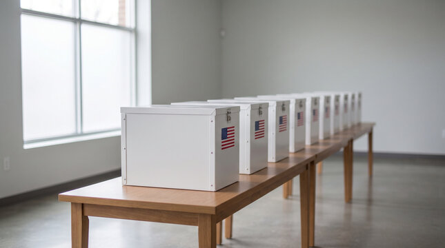 Row of Ballot Boxes with American Flags on Table in Voting Station
