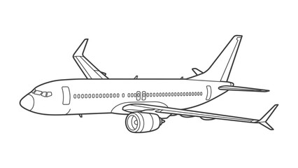 Airliner Outline: A clean, minimalist line drawing of a passenger jet in flight, showcasing its sleek aerodynamic design and prominent jet engine, perfect for aviation themes or graphic elements. © mahmuda428