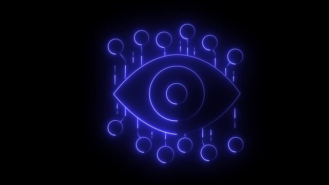 Futuristic glowing eye surrounded by digital nodes on dark background