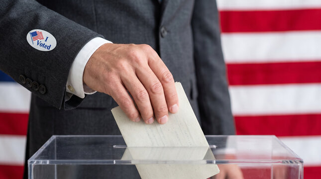 Person in suit casting a ballot in clear box with I Voted sticker and US flag background