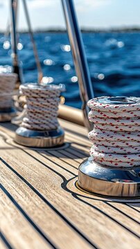 Ropes coiled neatly on deck of a sailboat with sparkling blue water in the background on a clear sunny day