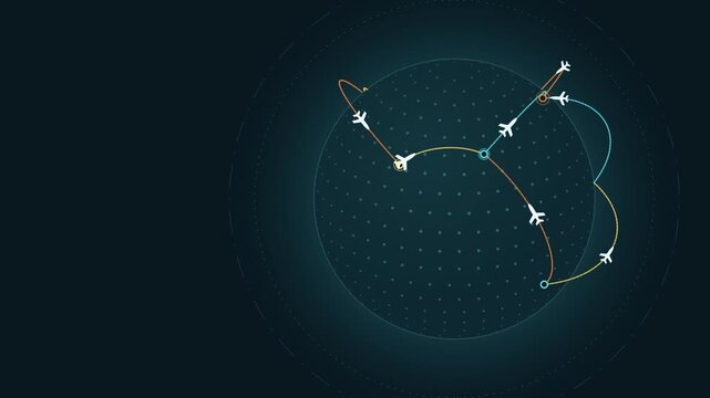 Animated global aerospace concept with passenger planes orbiting dotted earth sphere on dark background