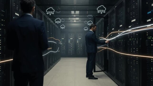 Engineers work in a modern data center, managing server racks surrounded by cloud computing symbols and network connectivity lines. Technology infrastructure supports digital storage, processing