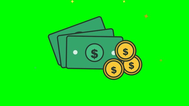Stack of paper money banknotes and gold coins illustration vector icon isolated on green background