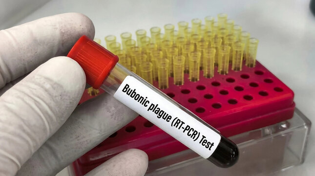 Hand holding a blood sample tube labeled bubonic plague RT-PCR test in laboratory setting