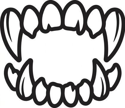 Vampire fangs illustration for Halloween costume or horror design, cartoon style black and white outline