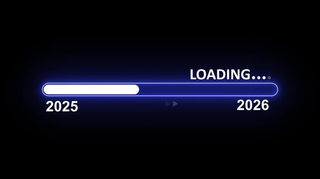 New year 2026 loading bar animation Year changing from 2025 to 2026. Loading bar from 2025 to 2026 new year transfer animation. Almost reaching New Year on black background.