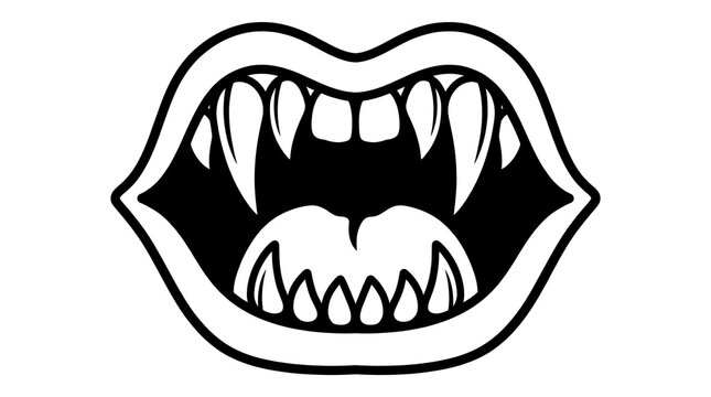 Graphic illustration of a vampire mouth with sharp fangs and open lips for horror or Halloween design