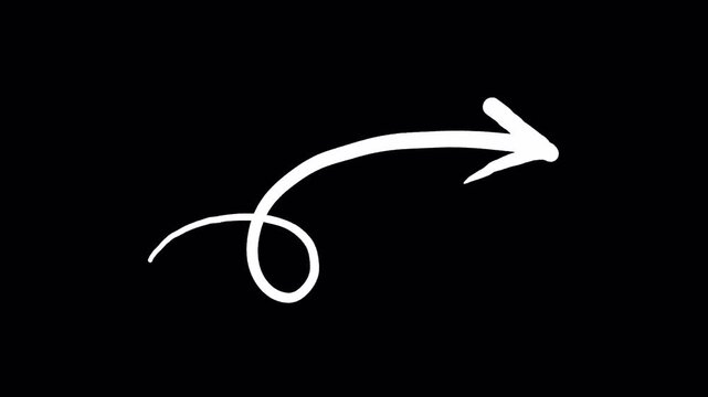 White hand-drawn arrow with spiral loop, sketchy doodle pointer for social media, minimalist direction indicator, creative motion graphic element isolated on Transparent Background 4K