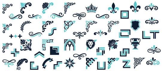 Assorted teal and dark grey architectural ornaments corners and heraldic symbols intended for premium brand identity and antique frame decoration. © Md Mahamudul hasan