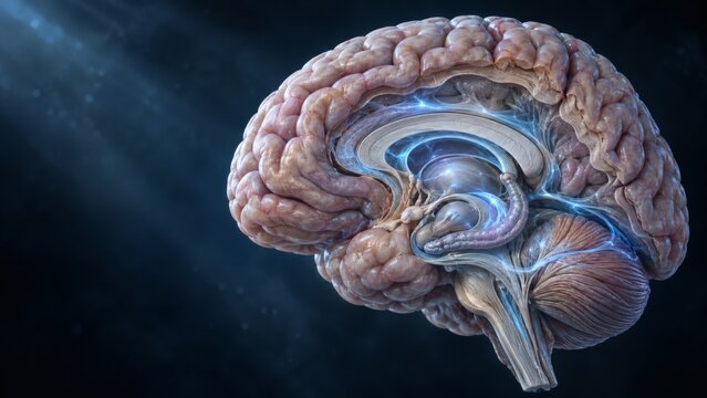 Human Brain Cross Section with Glowing Cerebrospinal Fluid Pathways