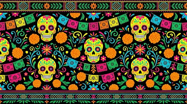 Seamless pattern background featuring colorful sugar skulls and marigold